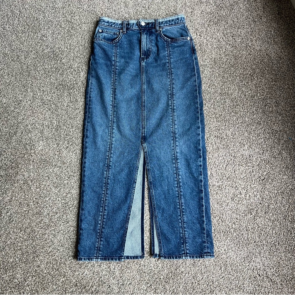 Adriano Goldschmied Daily Blue Maxi Denim Skirt with Front/Back Slits, Size 27